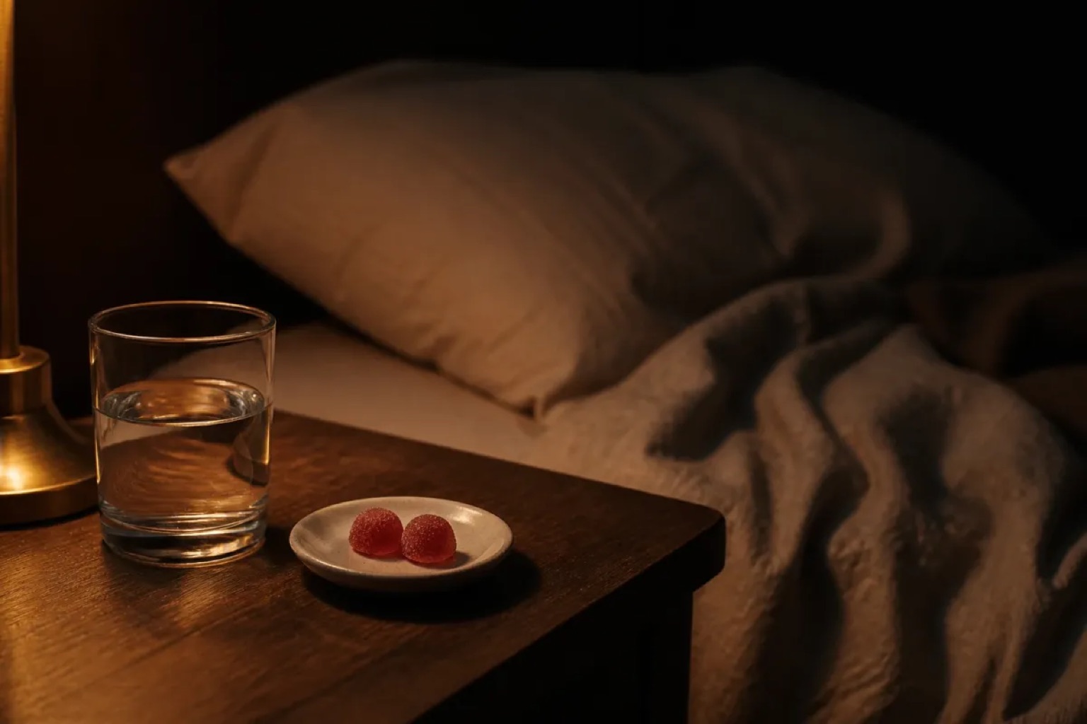 A glass of water and two sleep gummies on a wooden bedside table beside a bed, lit by a warm lamp
